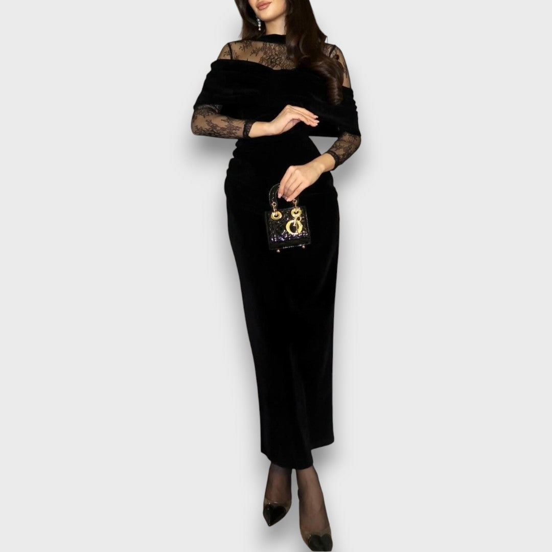 Selara – Velvet Lace Off-Shoulder Evening Dress
