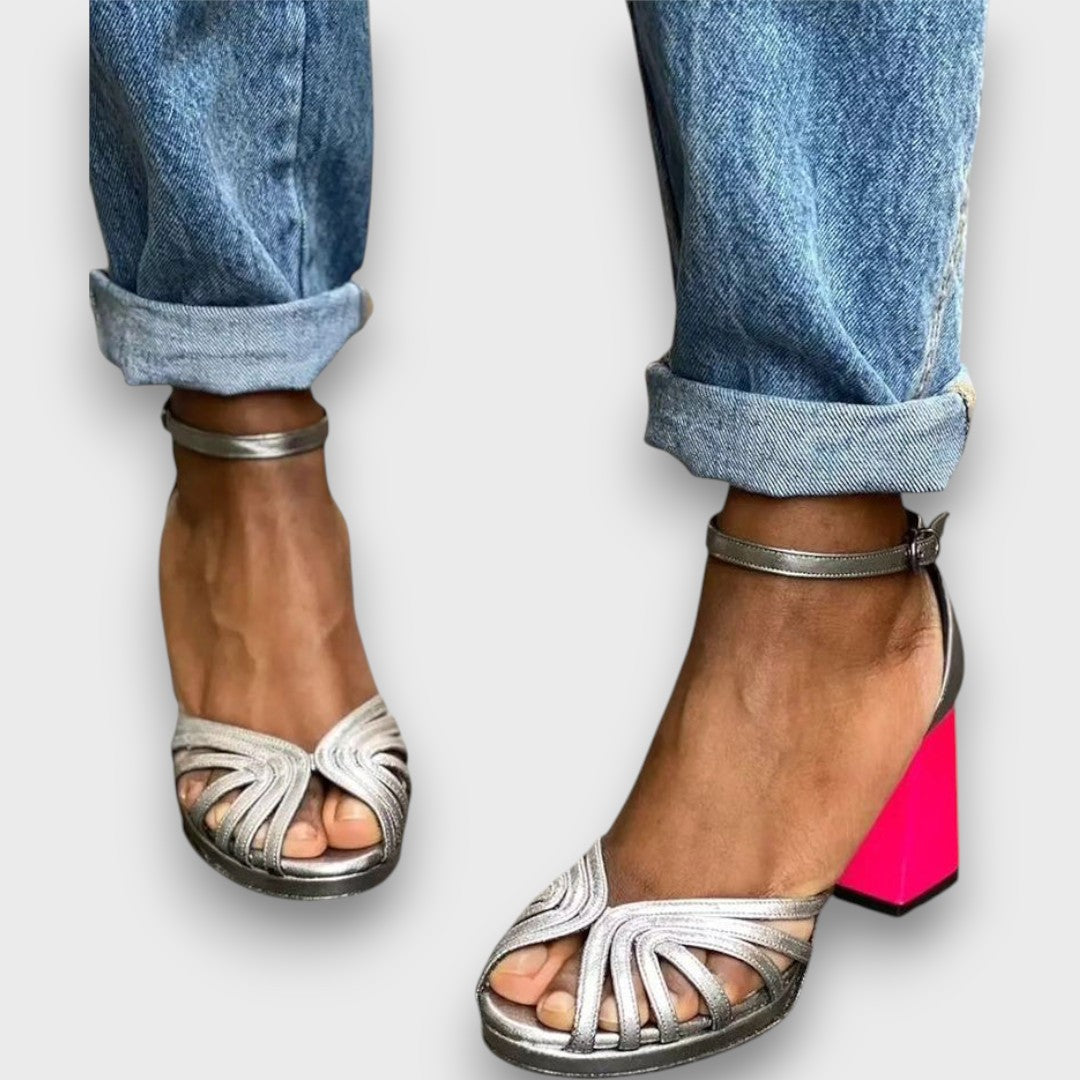 Veloria – Shiny Sandals with Block Heel and Elegant Buckle