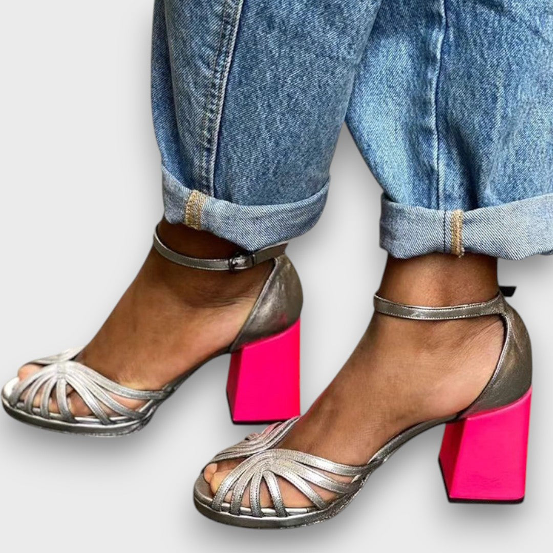 Veloria – Shiny Sandals with Block Heel and Elegant Buckle