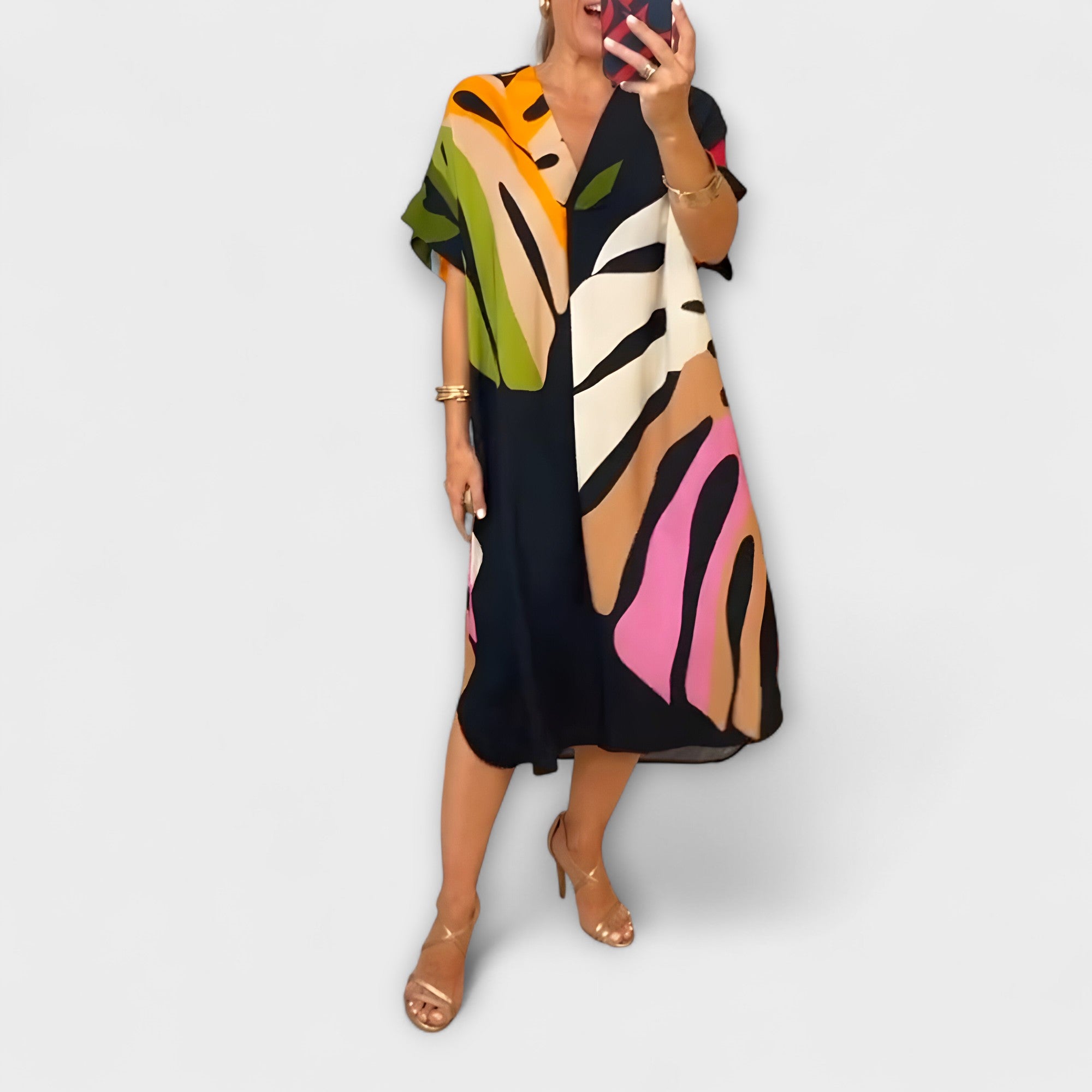 Roos - Casual Dress with Colorful Leaf Print