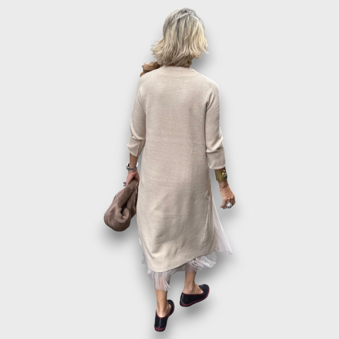 Elaira – Layered Knit & Tulle Midi Dress