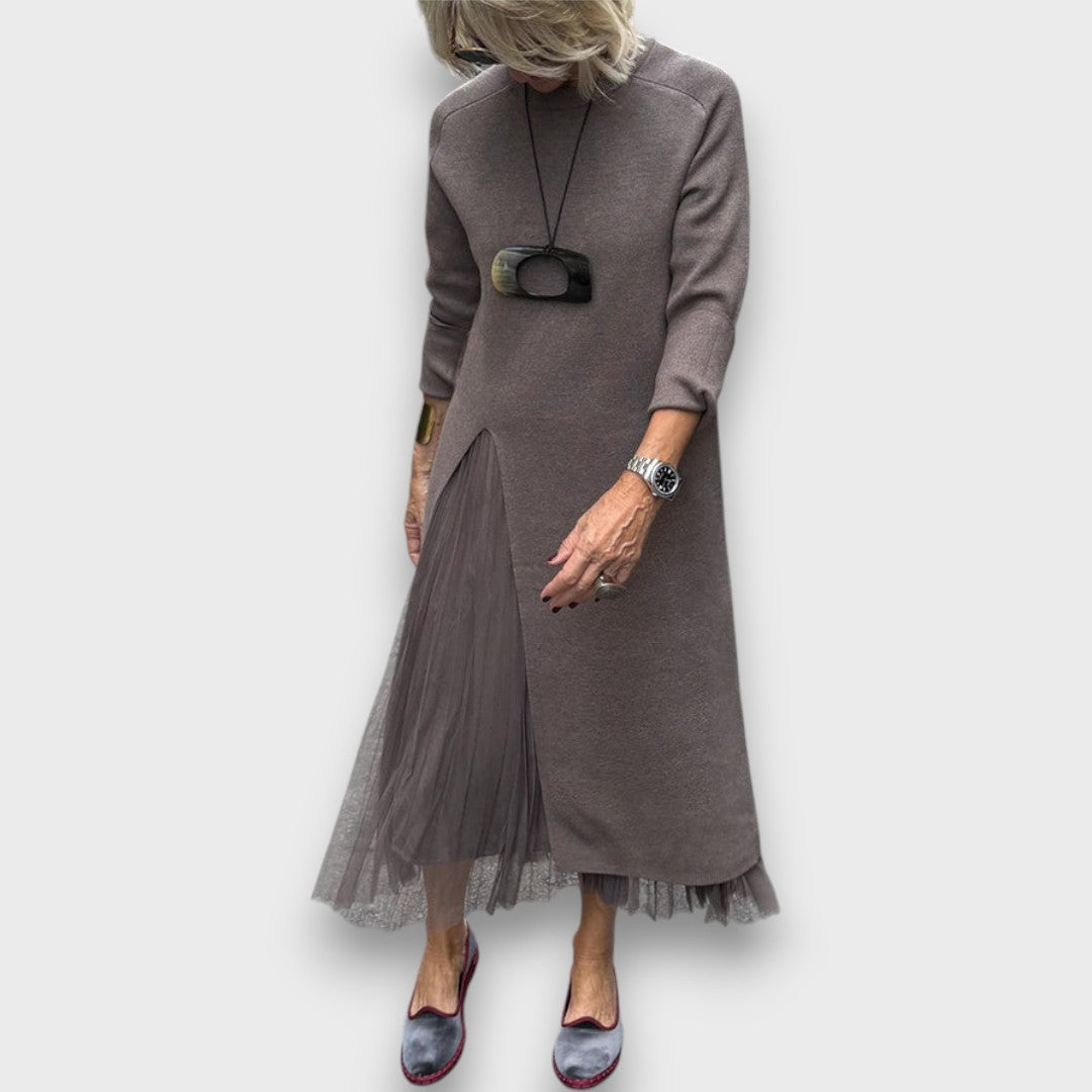 Elaira – Layered Knit & Tulle Midi Dress