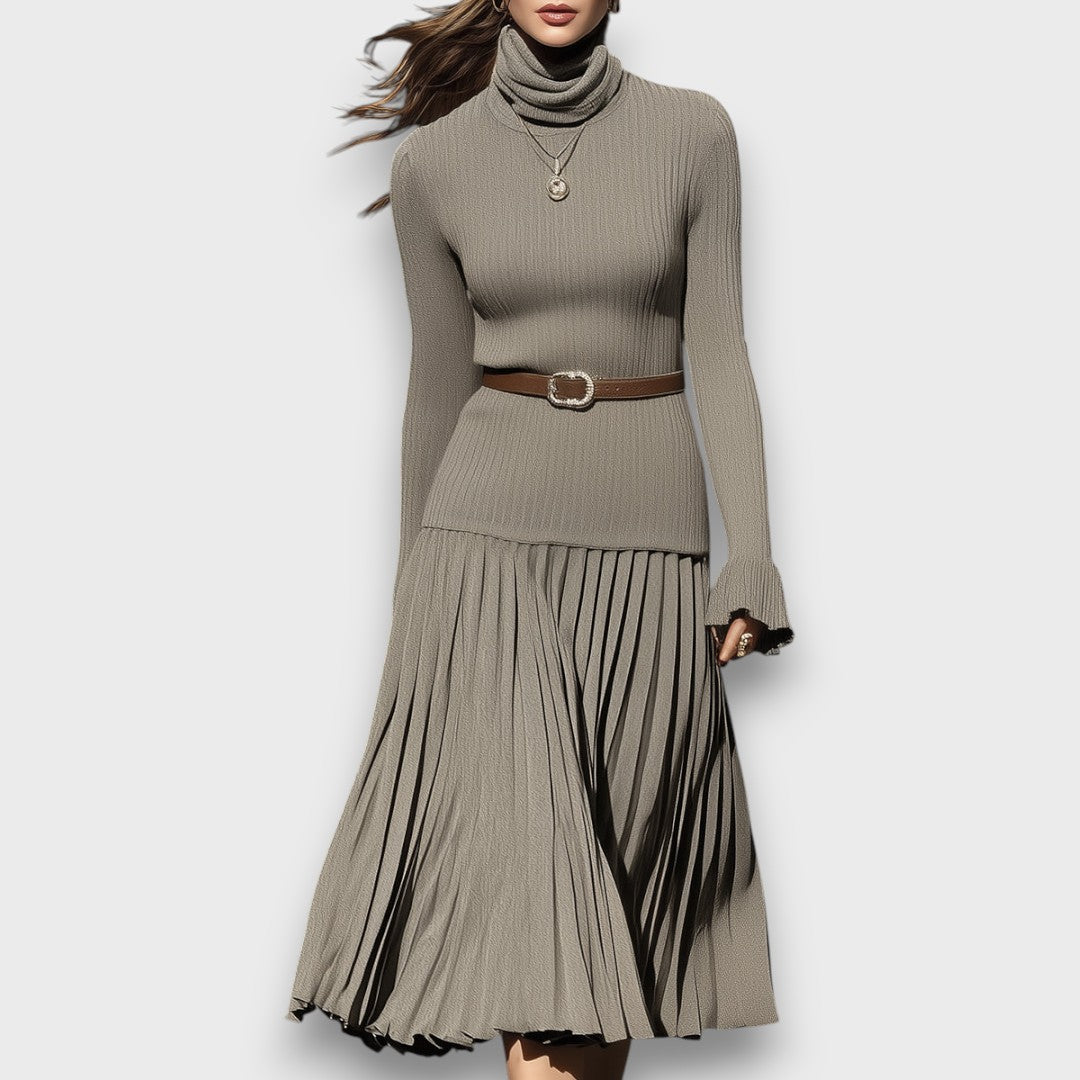 Levarisse – Pleated Midi Dress with Turtleneck