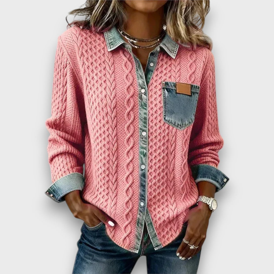 Ambria – Patchwork Knit Top with Denim Details