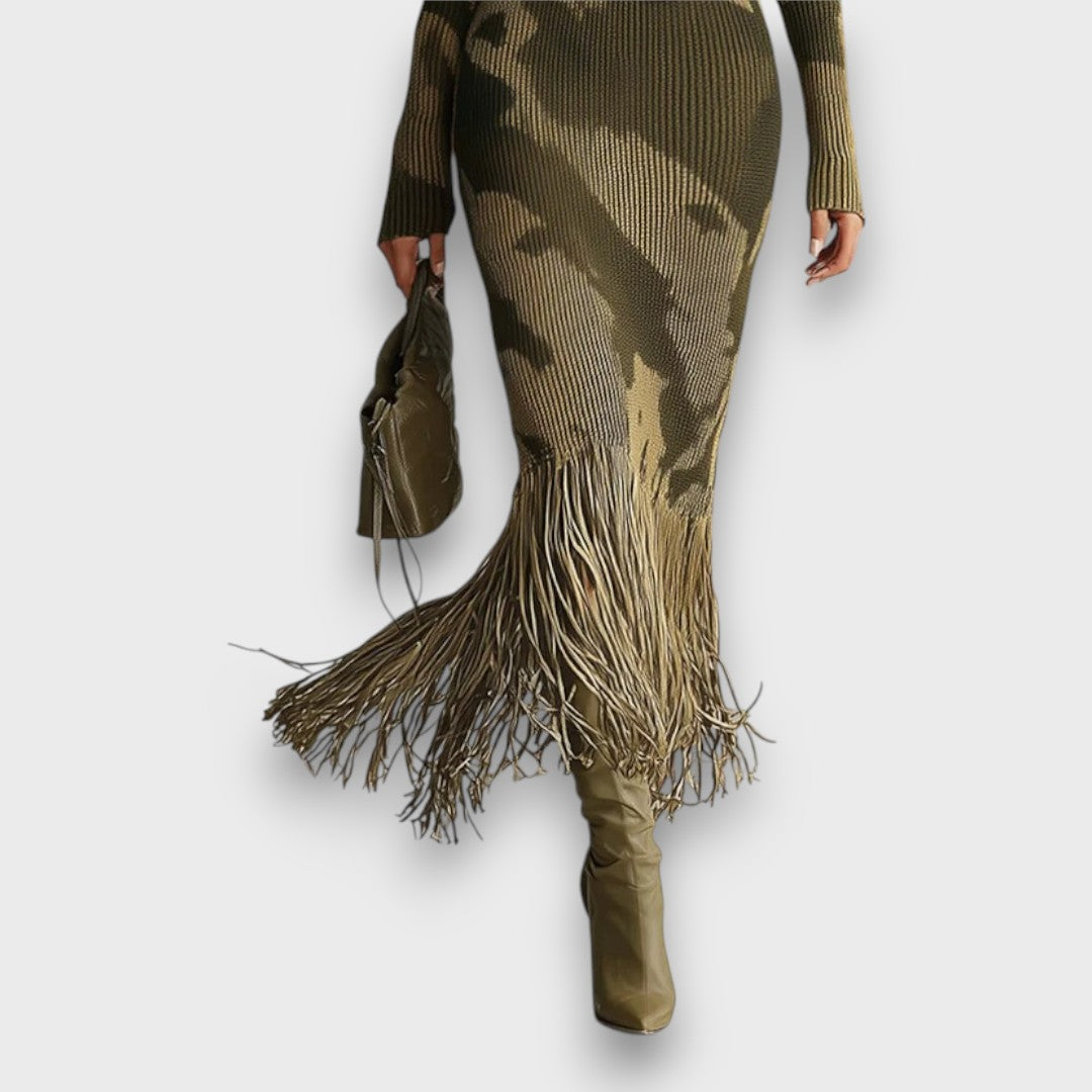 Ysolde – Olive Camo Knit Fringe Maxi Dress