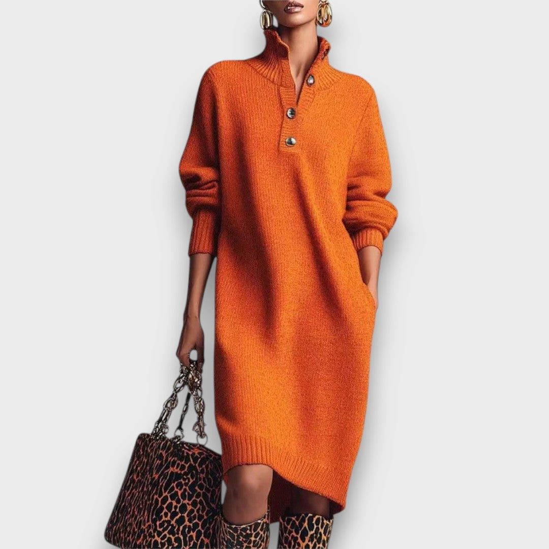 Scarleta – Elegant Knit Button-Collar Dress