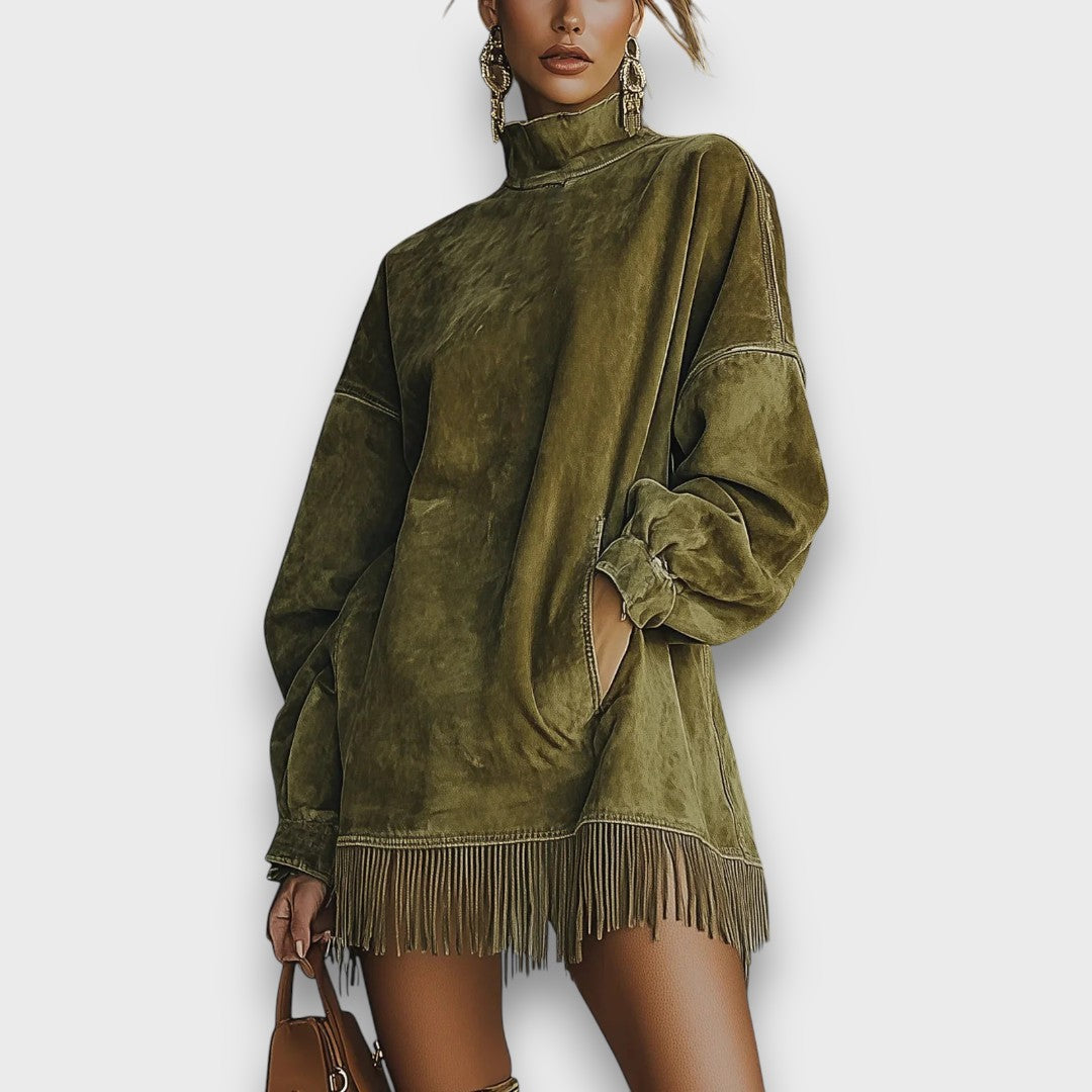 Seriva – Suede Fringe Turtleneck Dress
