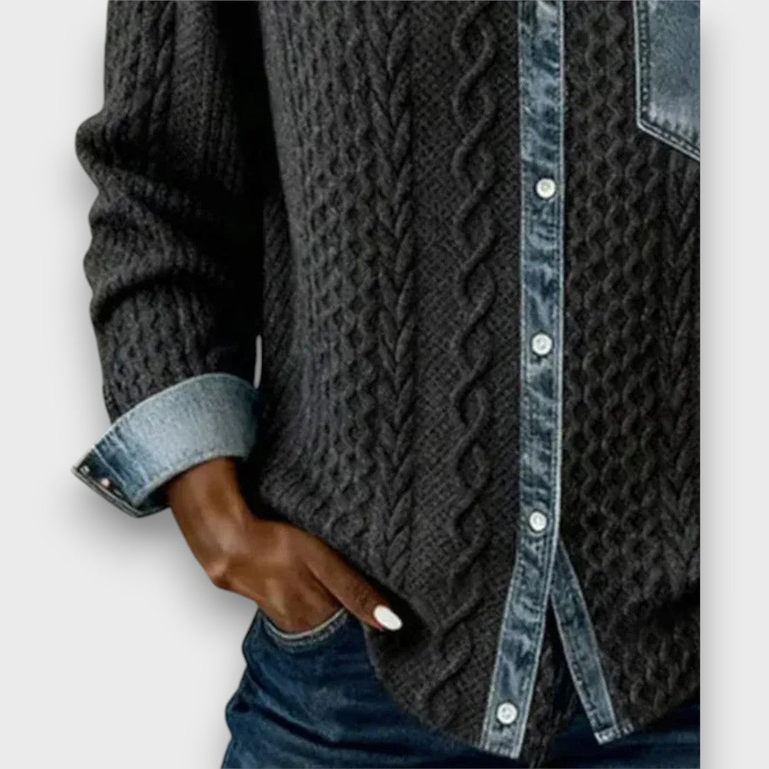 Ambria – Patchwork Knit Top with Denim Details