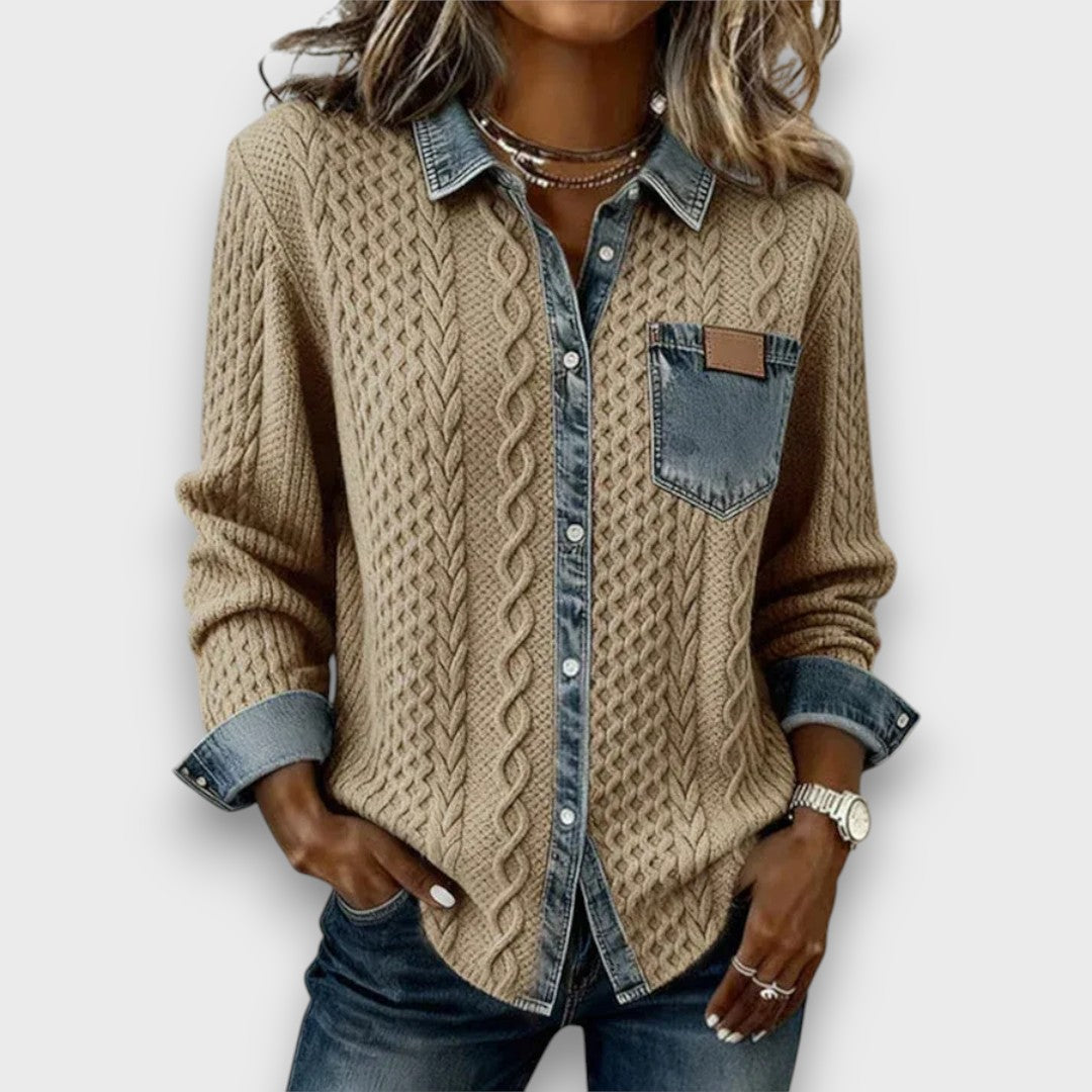 Ambria – Patchwork Knit Top with Denim Details