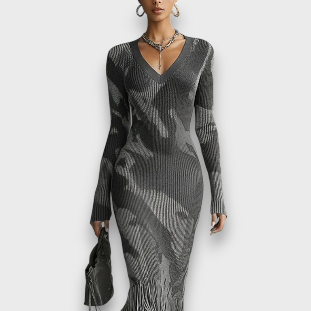 Ysolde – Olive Camo Knit Fringe Maxi Dress
