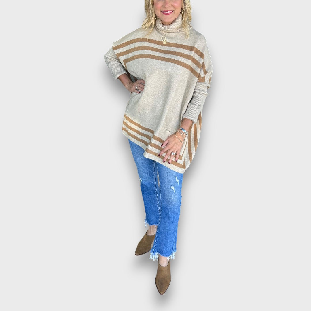 Marlen – High Neck Bat Sleeve Striped Sweater
