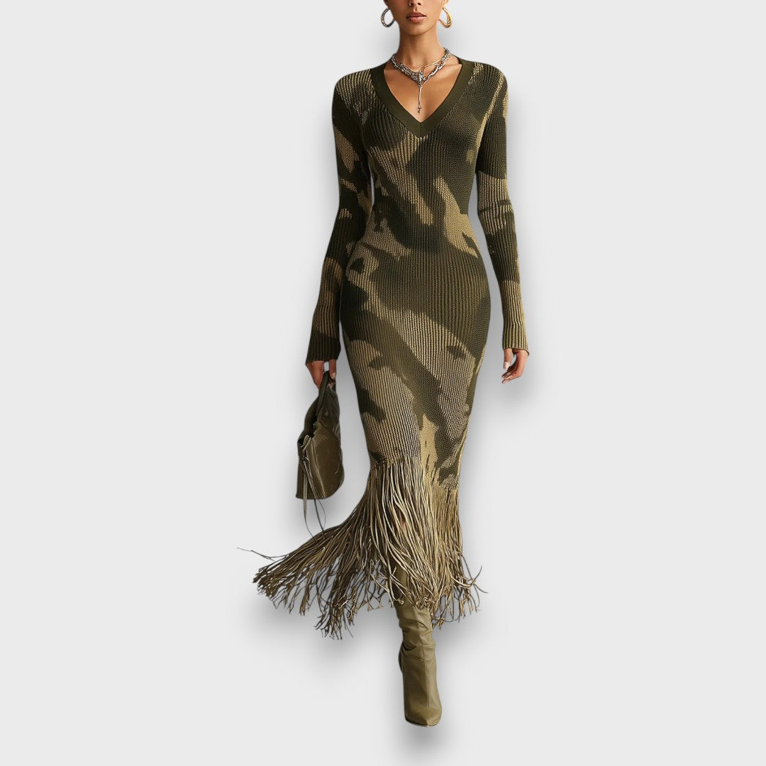 Ysolde – Olive Camo Knit Fringe Maxi Dress