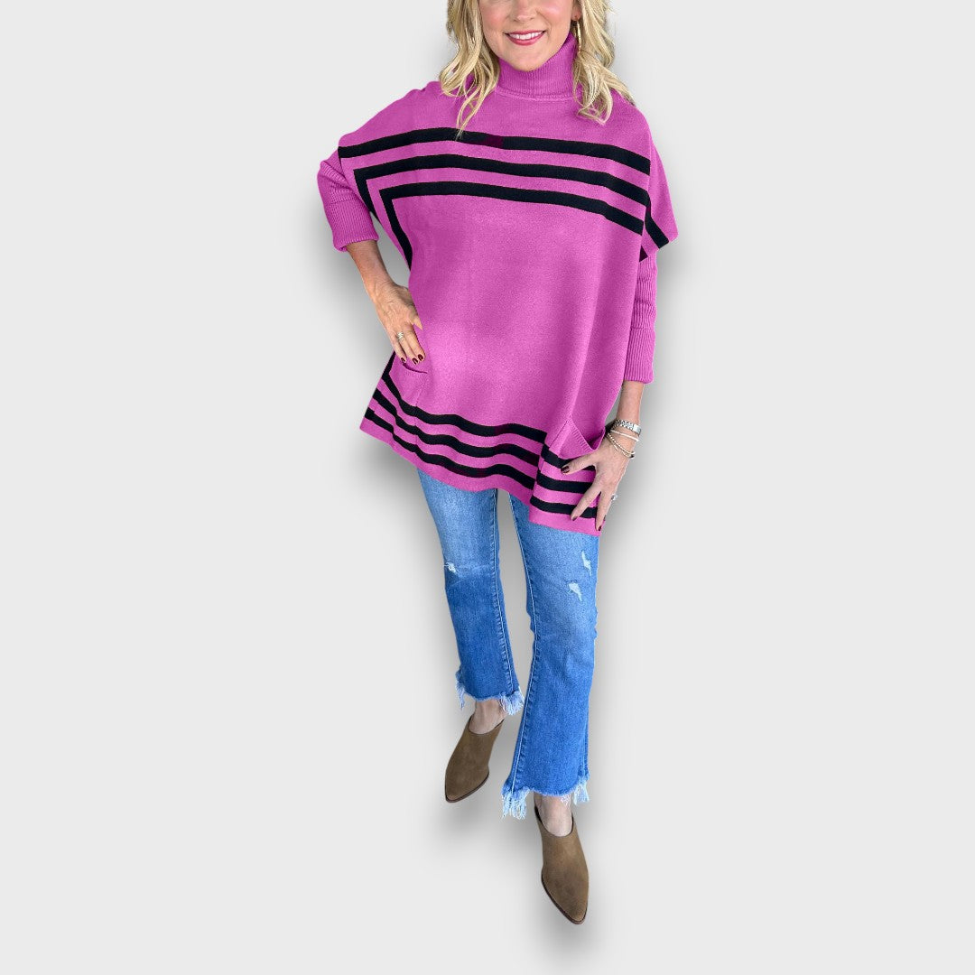 Marlen – High Neck Bat Sleeve Striped Sweater