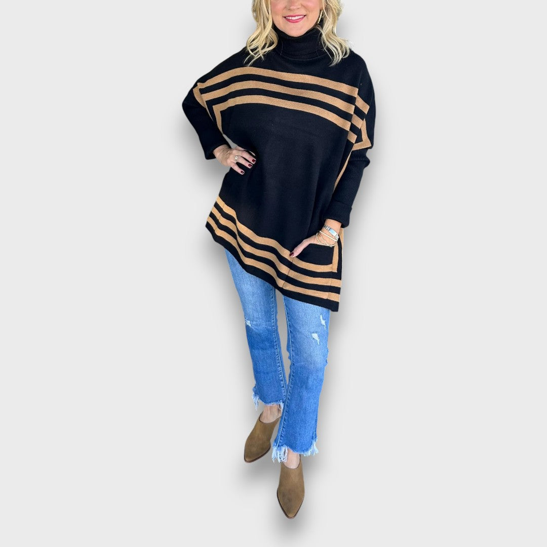 Marlen – High Neck Bat Sleeve Striped Sweater