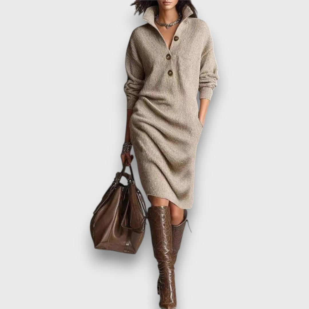Scarleta – Elegant Knit Button-Collar Dress