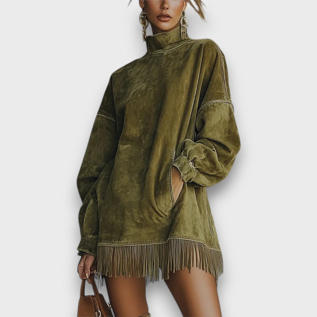 Seriva – Suede Fringe Turtleneck Dress